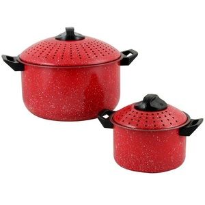 Gibson Home Casselman 4-Piece Red & Black Cookware Set lockable straining lids